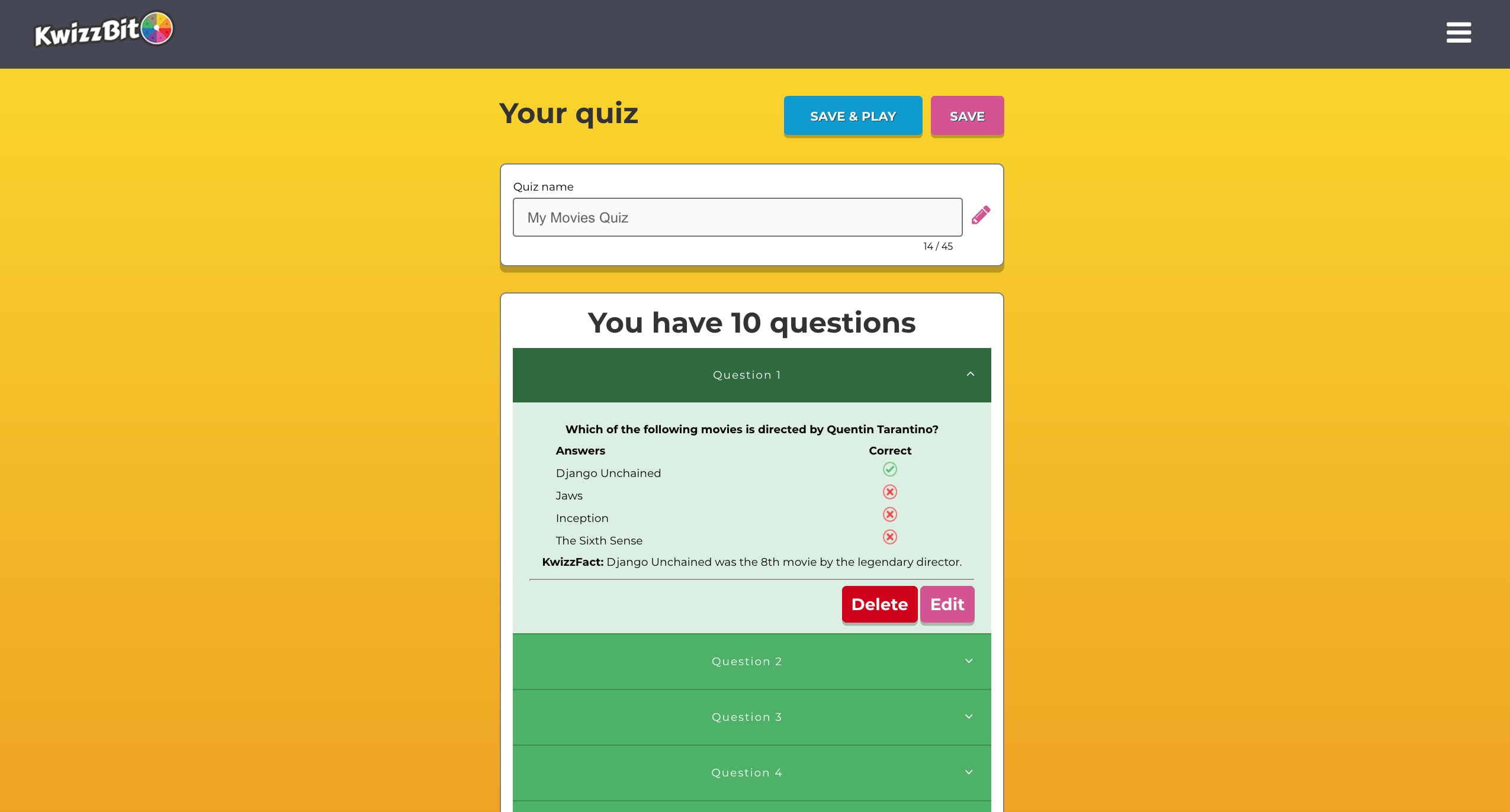 10 questions created in quiz builder