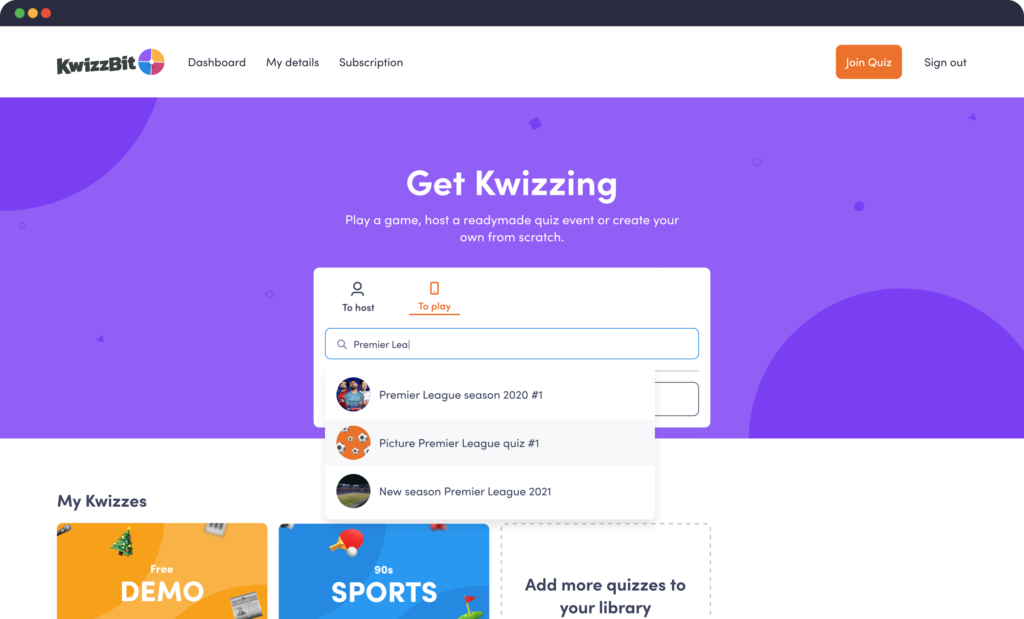 KwizzBit interactive quiz dashboard