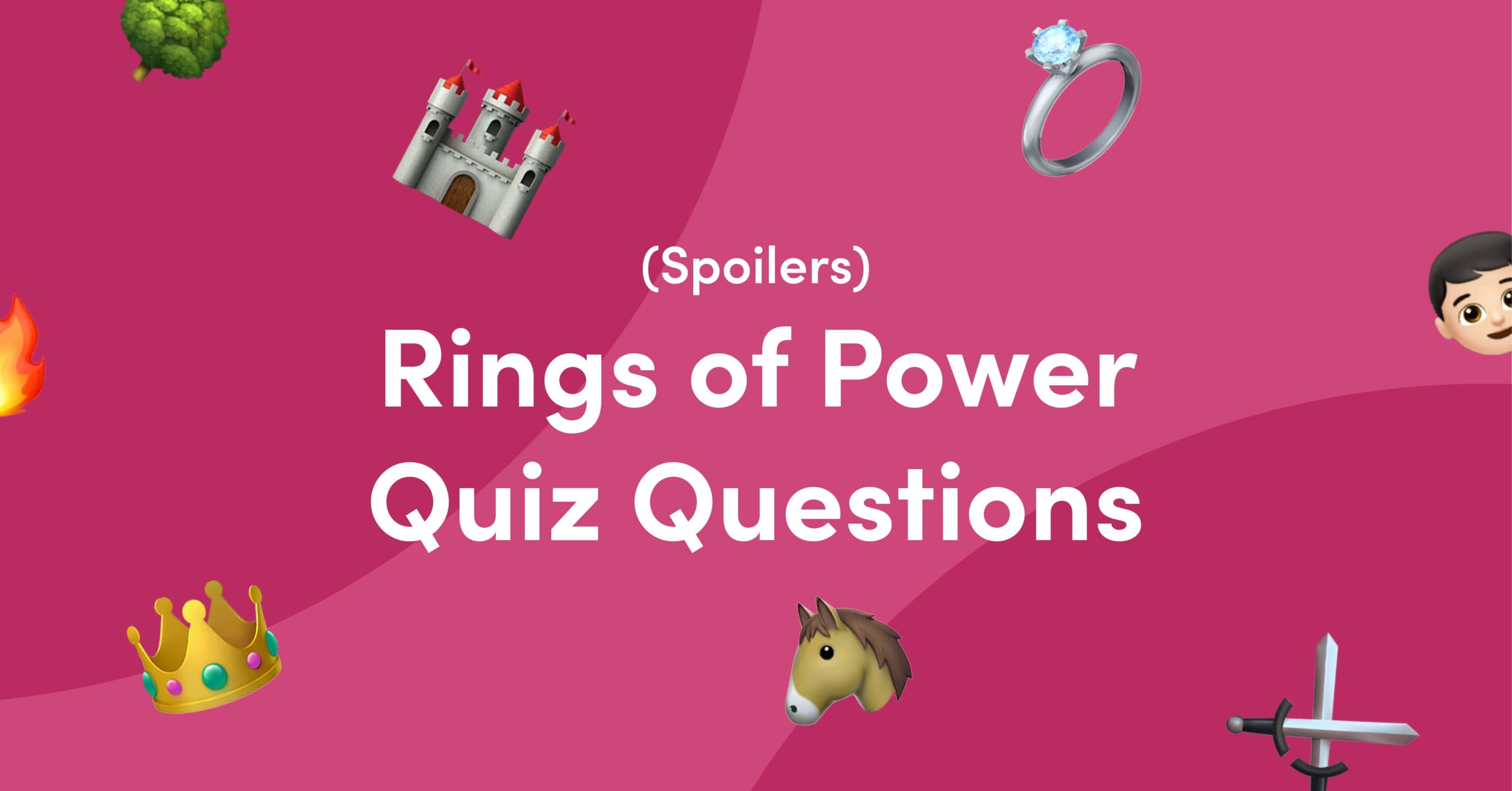 Emojis on pink background for rings of power quiz questions and answers with spoilers