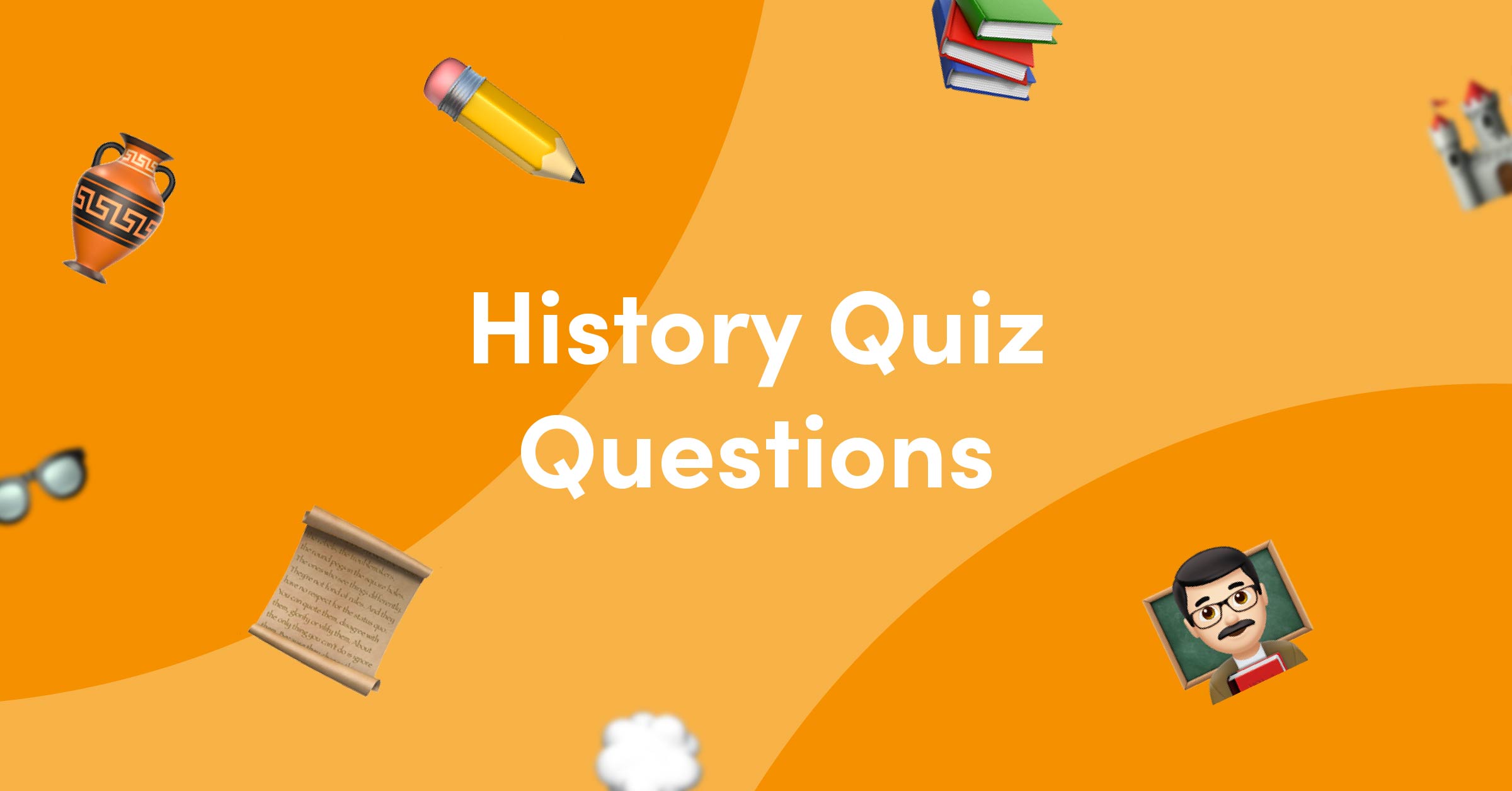 Emojis on orange background for history quiz questions and answer